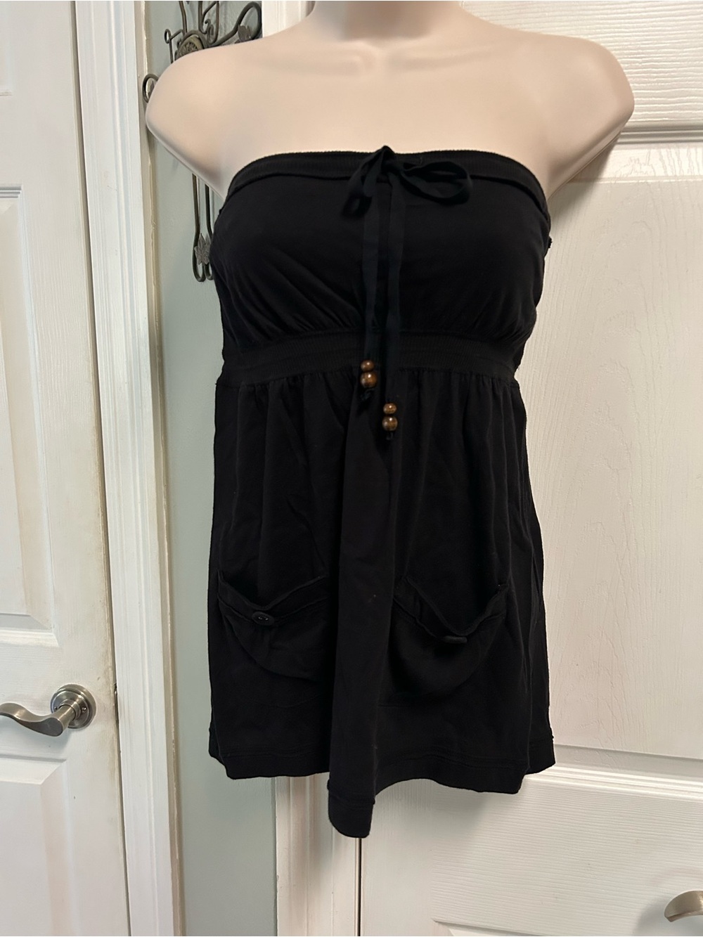 Y2K Energie Strapless Black Summer Top Corset Tie with Beads Babydoll Vtg Fairy